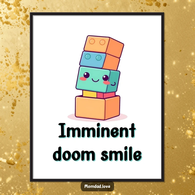 Funny digital art print of a wobbly building block tower smiling gently as it tips, perfect for instant humorous home or office decoration.