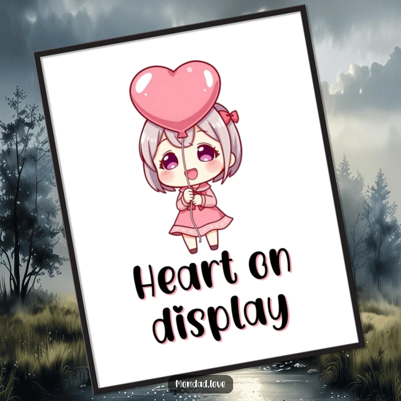 Funny Digital Art: Anime character happily presenting a heart-shaped balloon, symbolizing love and sweet affection for wall decor.