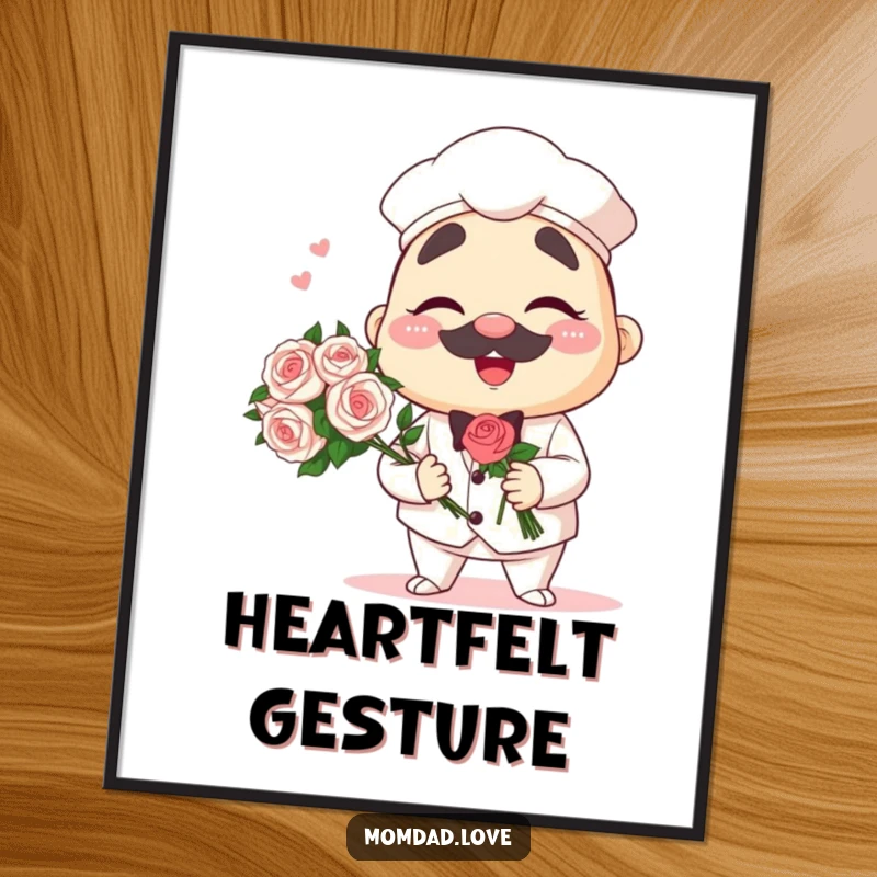 Funny anime papa digital art print of a winking dad character holding a bouquet, charming wall decor.