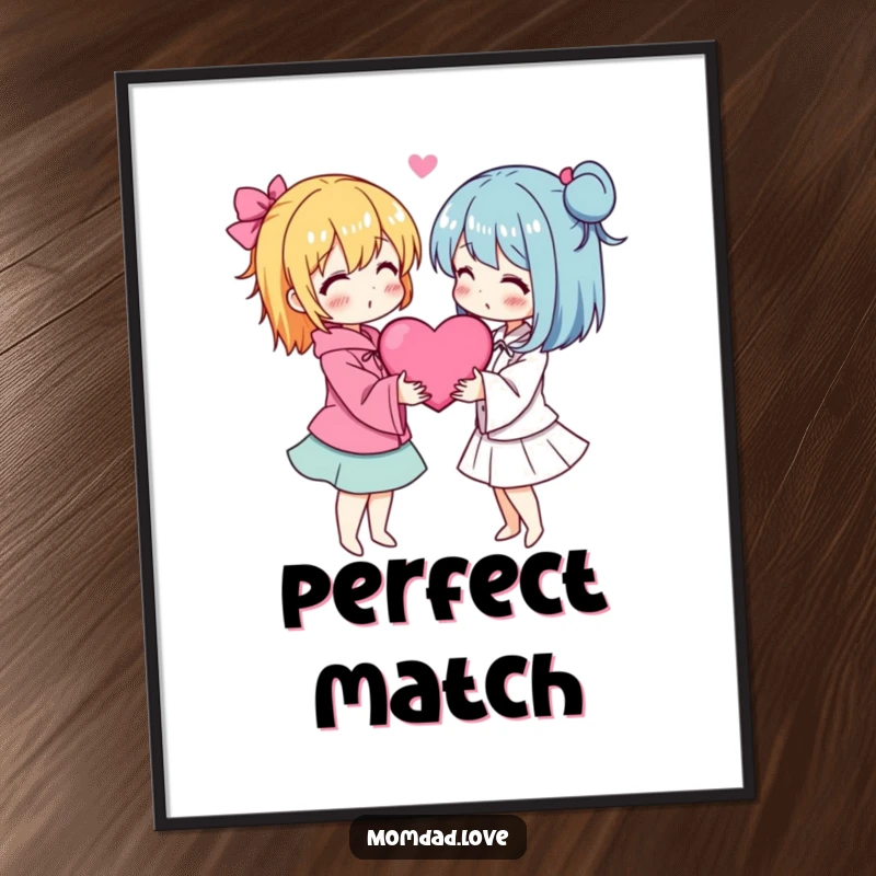 Funny anime digital art print of two characters in a loving embrace with hearts, romantic wall decor.