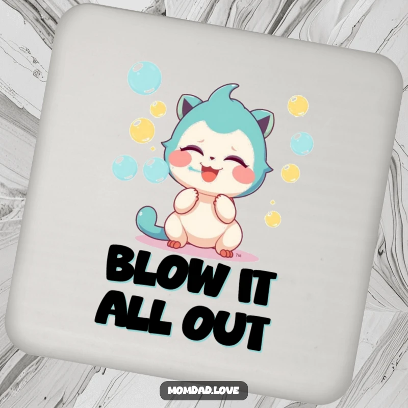 Funny drink coaster showcasing a cute creature with a wide grin, giggling as it blows a stream of vibrant, colorful bubbles.
