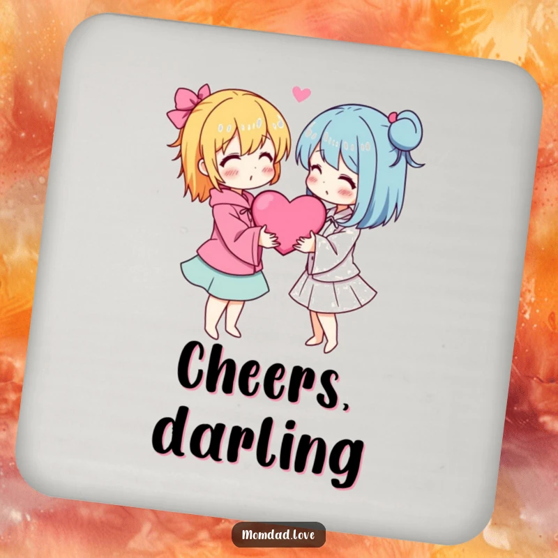 Funny anime couple coaster with two characters embracing with hearts, protecting surfaces humorously.