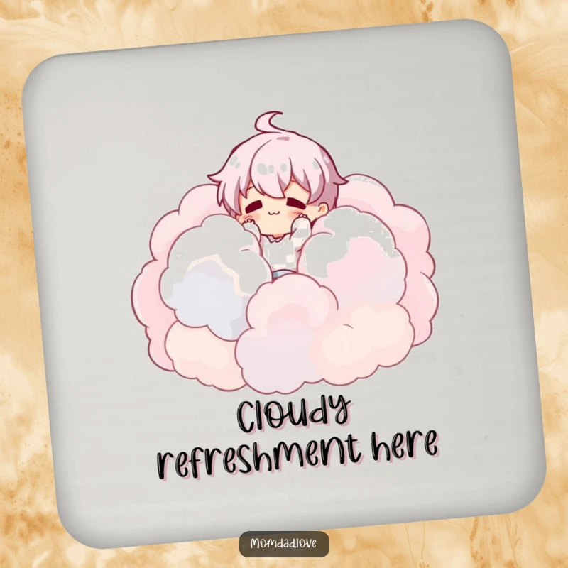 Funny Coasters: Set features character tumbling into clouds, perfect for protecting surfaces with dreamy humor.