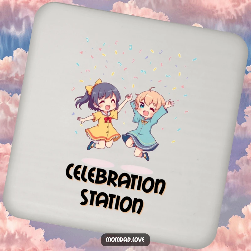 Funny Coaster: Two anime characters energetically dancing under confetti, bringing lively party vibes to your drink setup.
