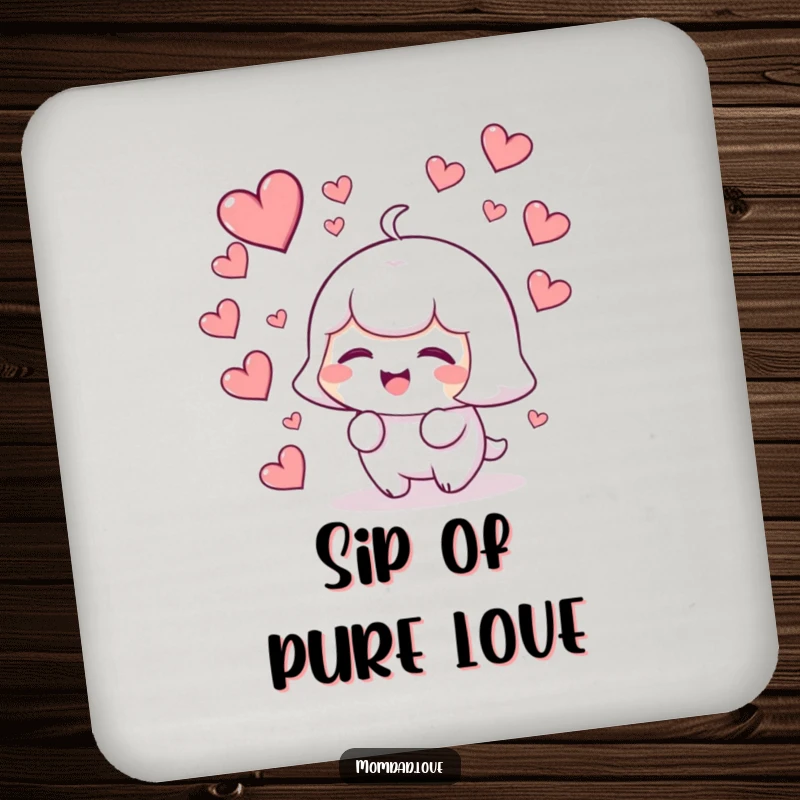 Funny kawaii character giggling with hearts falling, a cute and humorous coaster for table protection.