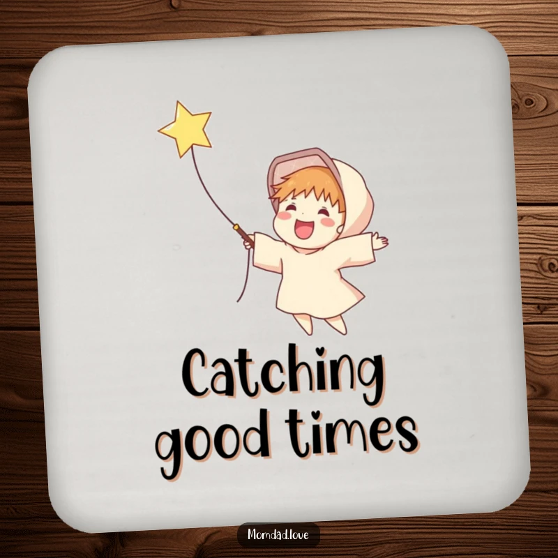 Funny drink coaster showcasing a delighted figure catching a falling star in a net, adding celestial charm to any surface.