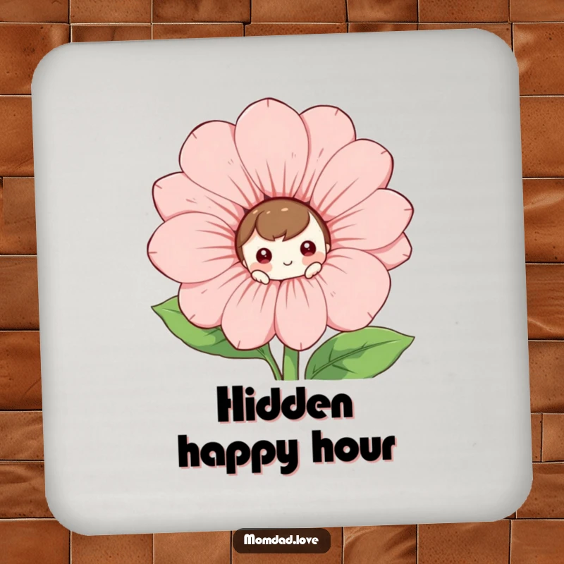 Funny Coaster: A curious character peeks from behind a giant, smiling flower, guarding against spills.