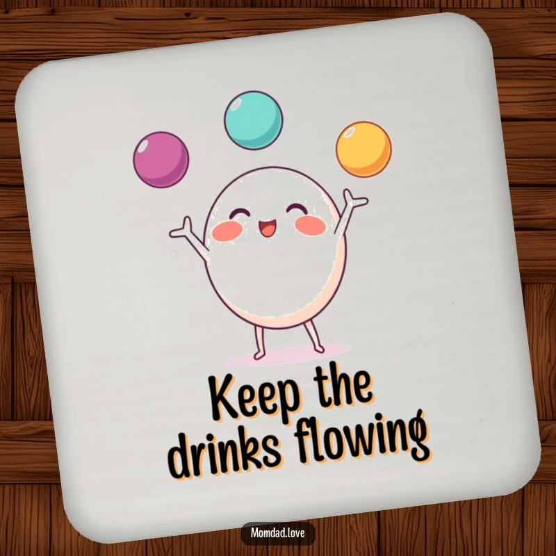 Funny Drink Coasters showing a round character with small limbs, excitedly juggling three bright balls.