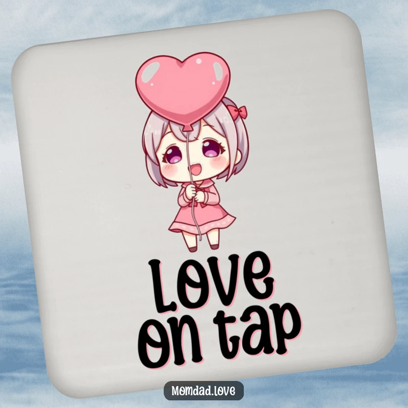 Funny Coaster: Anime character happily presenting a heart-shaped balloon, perfect for adding a loving touch to drink surfaces.
