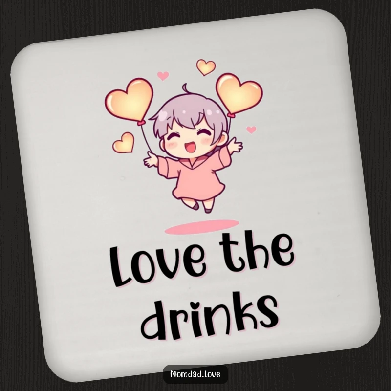 Funny drink coaster set featuring a tiny character happily juggling three glowing hearts, protecting surfaces with warmth and a symbol of abundant love.