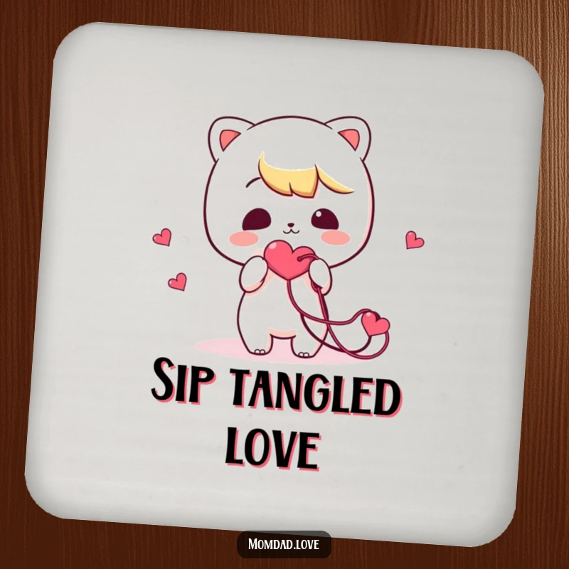 Funny Drink Coasters: Set showcasing kawaii characters comically offering tangled heart strings, adding charm to surfaces.