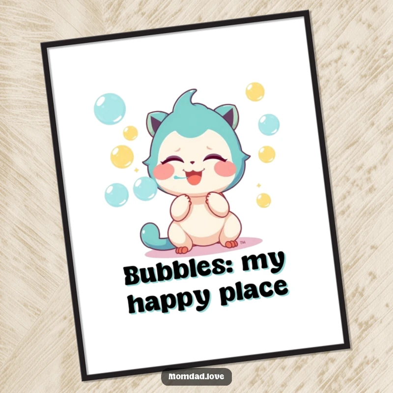 Funny poster illustration of a cute, giggling creature enthusiastically blowing a stream of shimmering, colorful bubbles, creating a joyful scene.