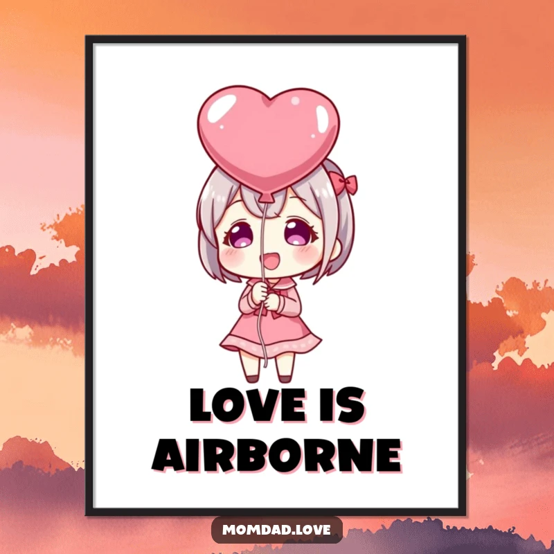 Funny Poster: Anime style character happily presenting a heart-shaped balloon, conveying love and cheerful affection in a decorative format.