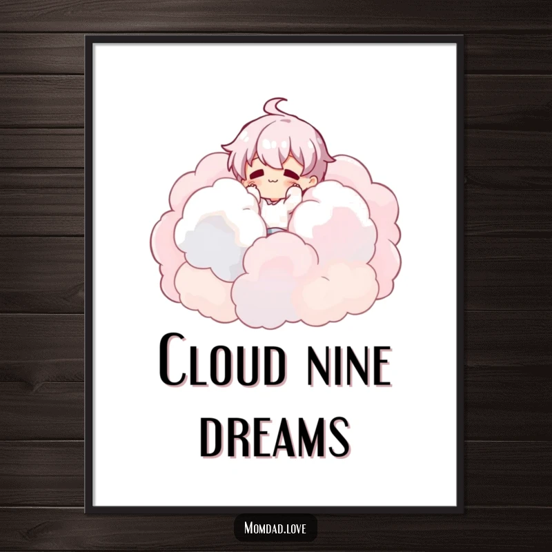 Funny Poster: Character adorably tumbling into fluffy clouds, perfect for whimsical wall art and as a funny gift.