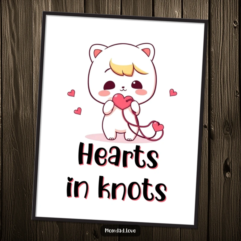 Funny Poster: Art of a kawaii character adorably and comically offering a hopelessly tangled heart string, symbolizing love's humor.