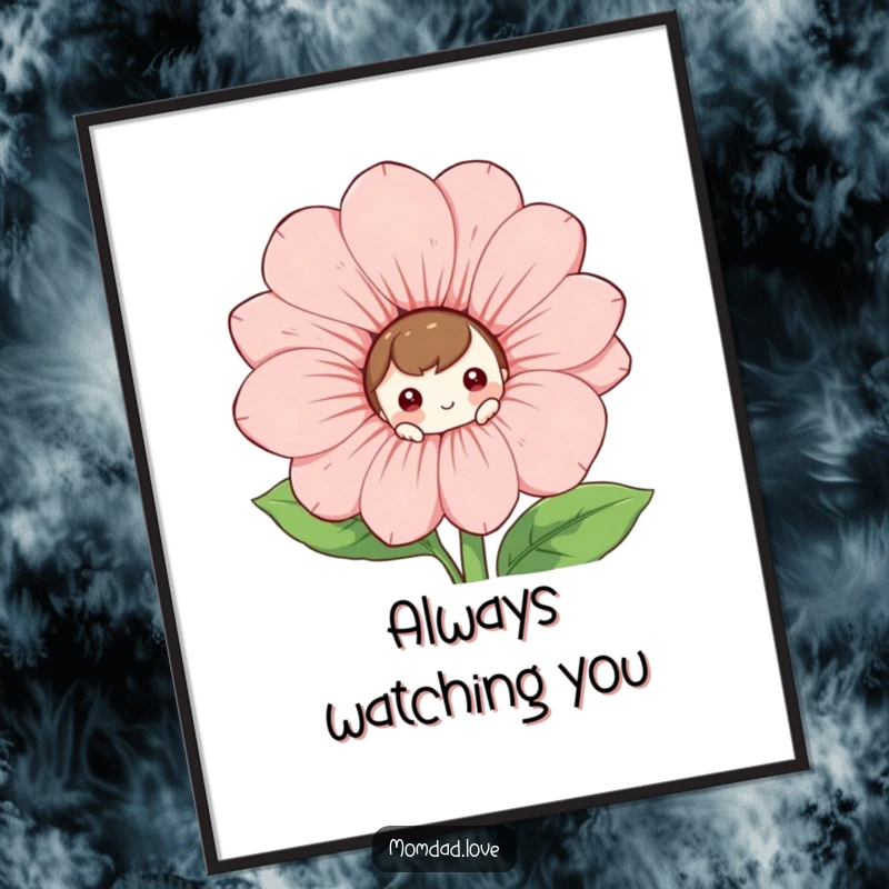 Funny Poster: A curious character observes the world from behind a colossal, beaming flower, full of wonder.