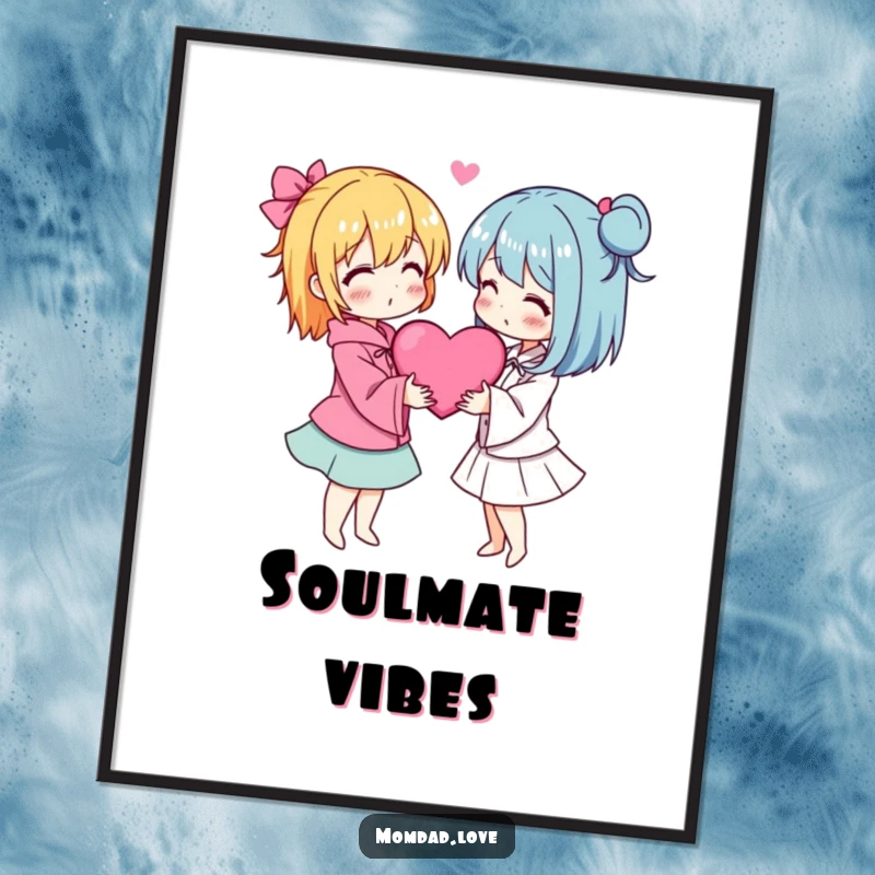 Funny anime poster of two characters in a loving embrace surrounded by hearts, romantic wall decor.