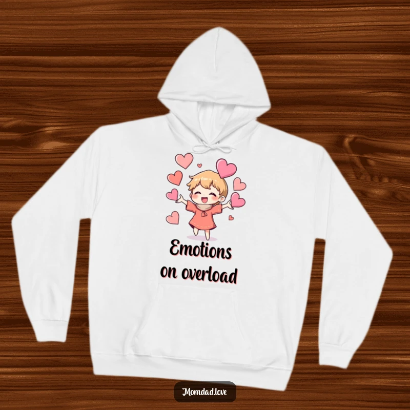 Funny Hoodie: Adorable character gleefully tossing assorted heart shapes, a warm and humorous gift option.