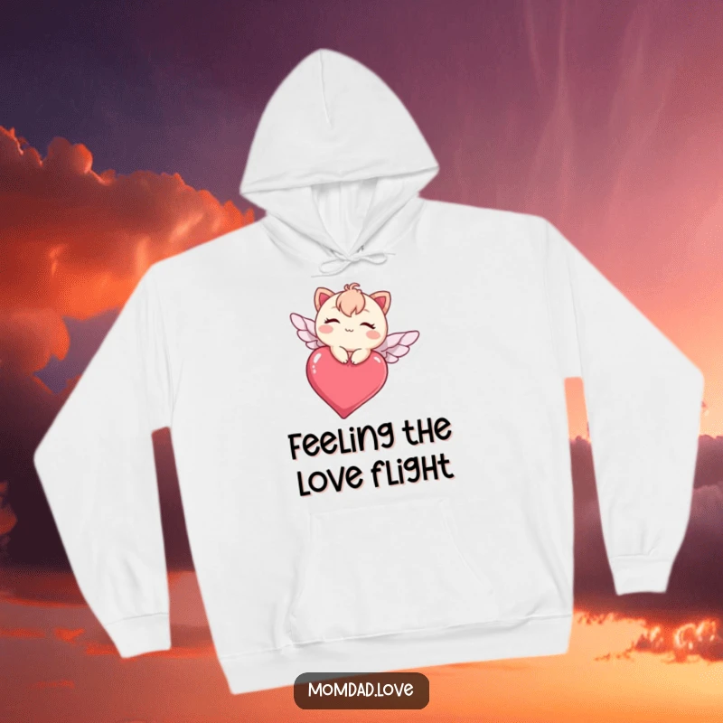 Funny kawaii character winking on a heart, flying with love and joy, a cozy and humorous hoodie for gifting.