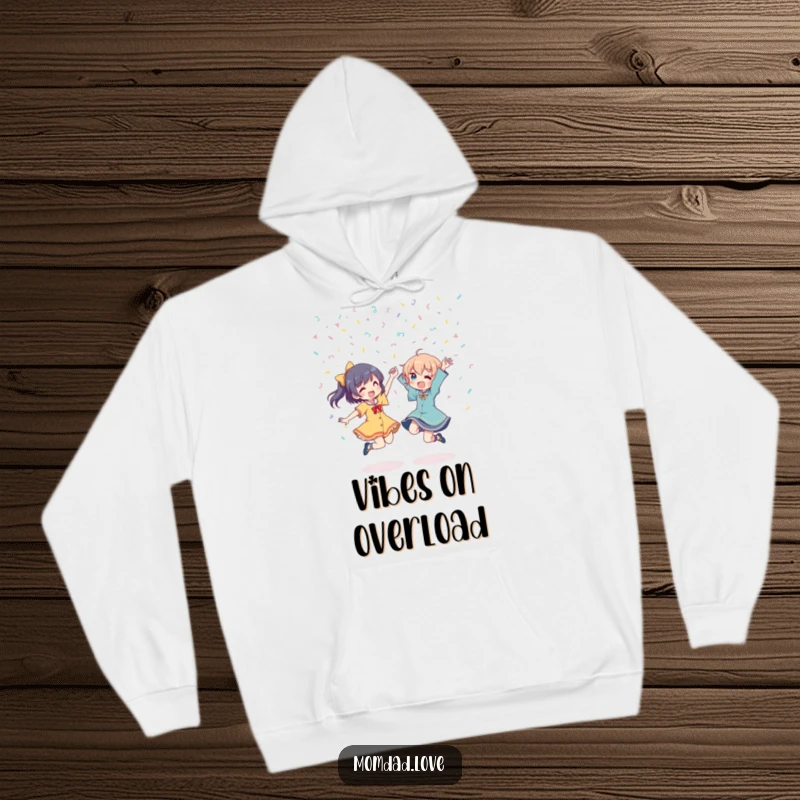 Funny Hoodie: Two anime characters engaged in energetic dancing beneath a flurry of confetti, exuding fun and festive cheer.