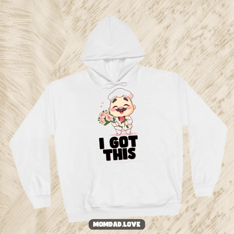 Funny anime hoodie featuring a winking papa character holding a bouquet, cozy and humorous dad wear.