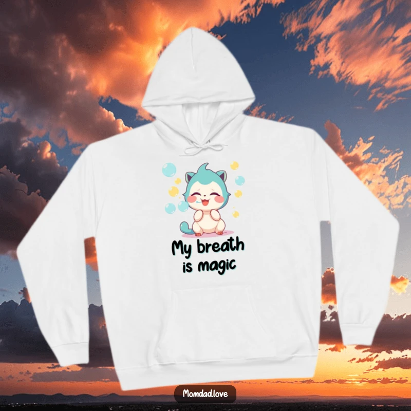 Funny hoodie depicting a cozy creature happily blowing a stream of bright, colorful bubbles, radiating pure joy and playfulness.