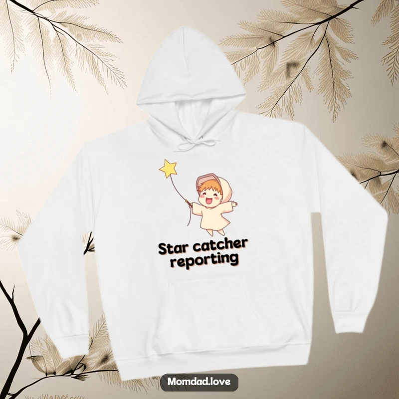 Funny hoodie depicting a delighted figure successfully catching a shooting star in a net, exuding a sense of magical accomplishment.
