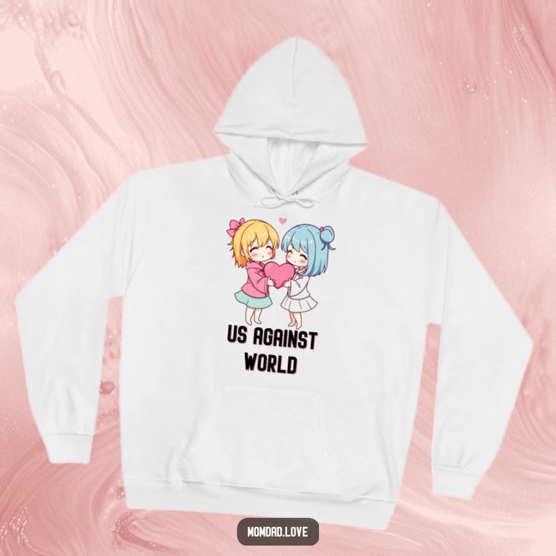 Funny anime hoodie with two characters in a loving embrace surrounded by hearts, cozy and romantic.