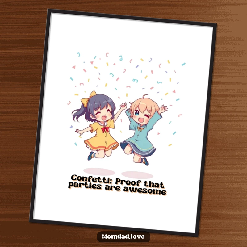 Funny Free Printable Wall Art: Two dynamic anime characters dancing energetically amidst a shower of confetti, capturing pure celebration.