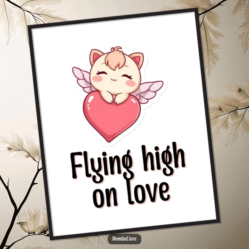 Funny free printable wall art of a kawaii character winking and flying joyfully on a vibrant heart.