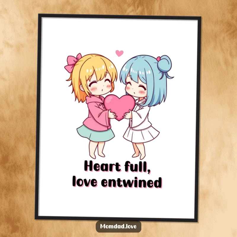 Free Printable Wall Art: Two anime characters are lovingly depicted with arms around each other, surrounded by romantic hearts.