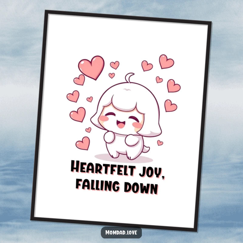 Funny free printable wall art depicting a kawaii character giggling as an abundance of hearts gently fall around.