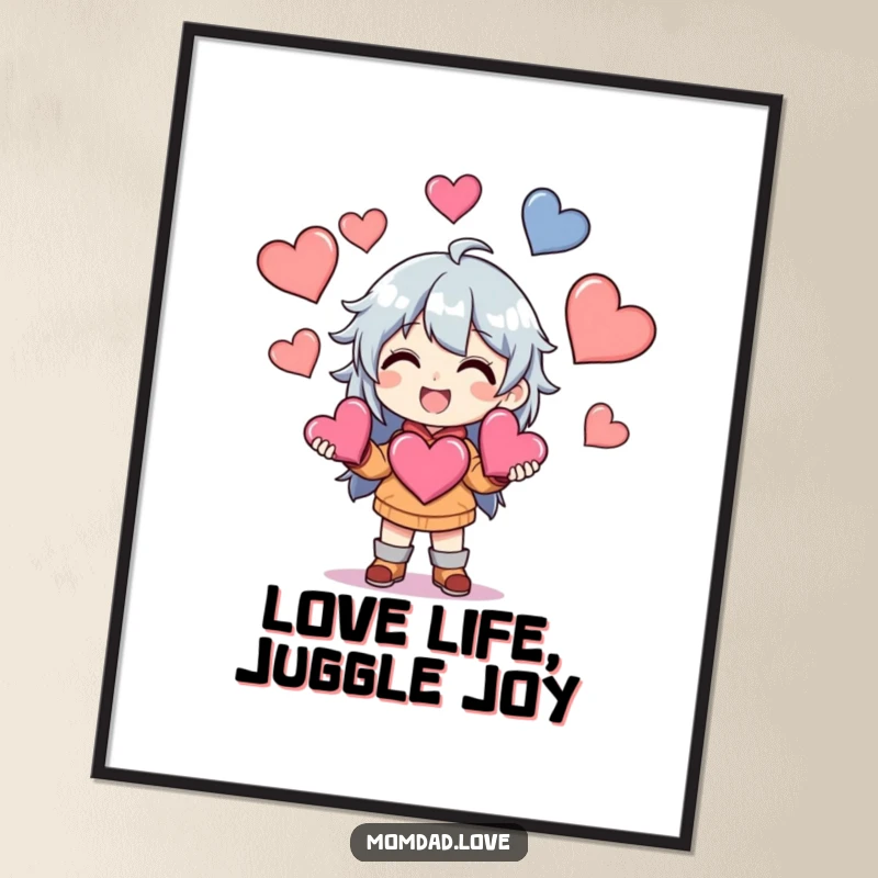 Funny free printable wall art of an anime character with a wide grin, skillfully juggling an array of heart shapes.