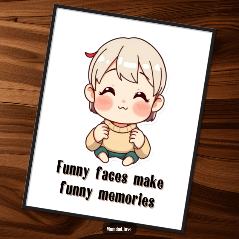 Funny free printable wall art of an anime parent making a spectacularly funny face, designed for a child's amusement.