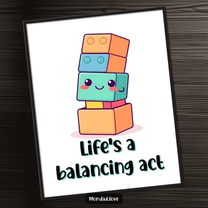 Funny Free Printable Wall Art showcasing a smiling, wobbly building block tower, a humorous piece of decor.