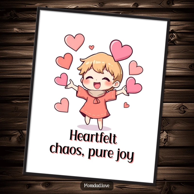 Funny Free Printable Wall Art illustrating a character joyfully juggling a mismatched collection of heart shapes with gleeful abandon.