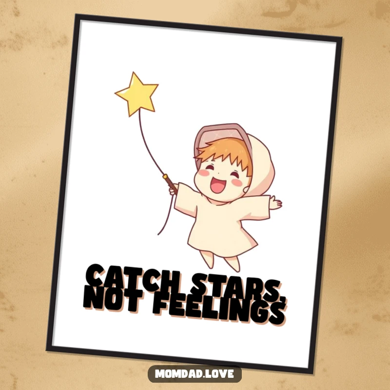 Funny Free Printable Wall Art depicting a delighted figure skillfully catching a bright falling star with an outstretched net, symbolizing hope.