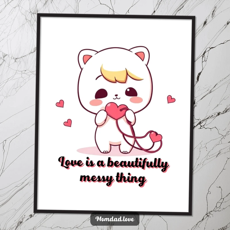 Free Printable wall art: A lovable kawaii character comically presenting a hilariously tangled string shaped like a heart, full of character.