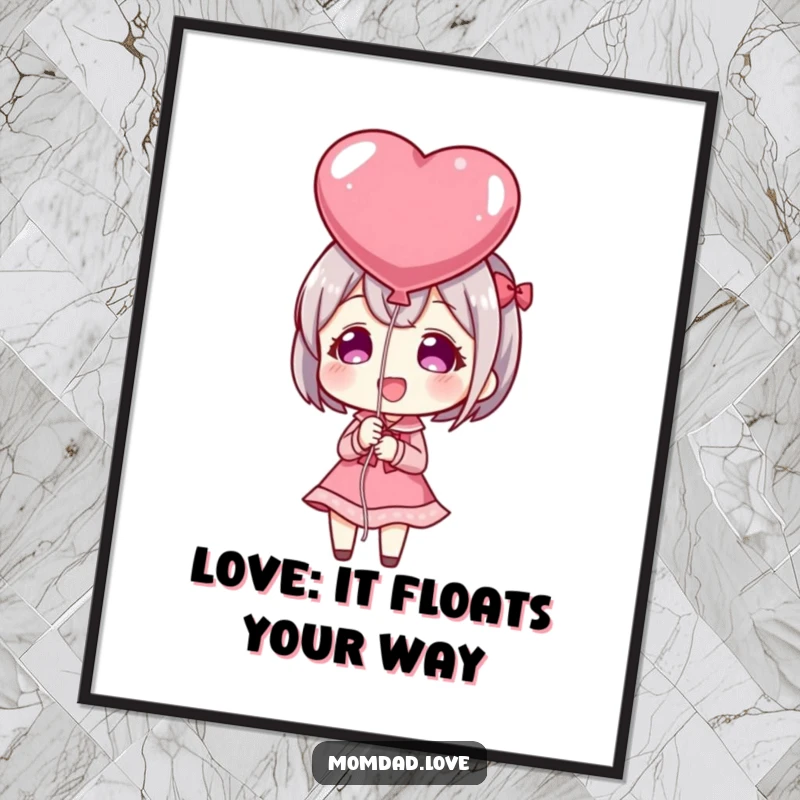 Funny Free Printable Wall Art: An anime character proudly presents a large, bright heart-shaped balloon, exuding happiness and charm.