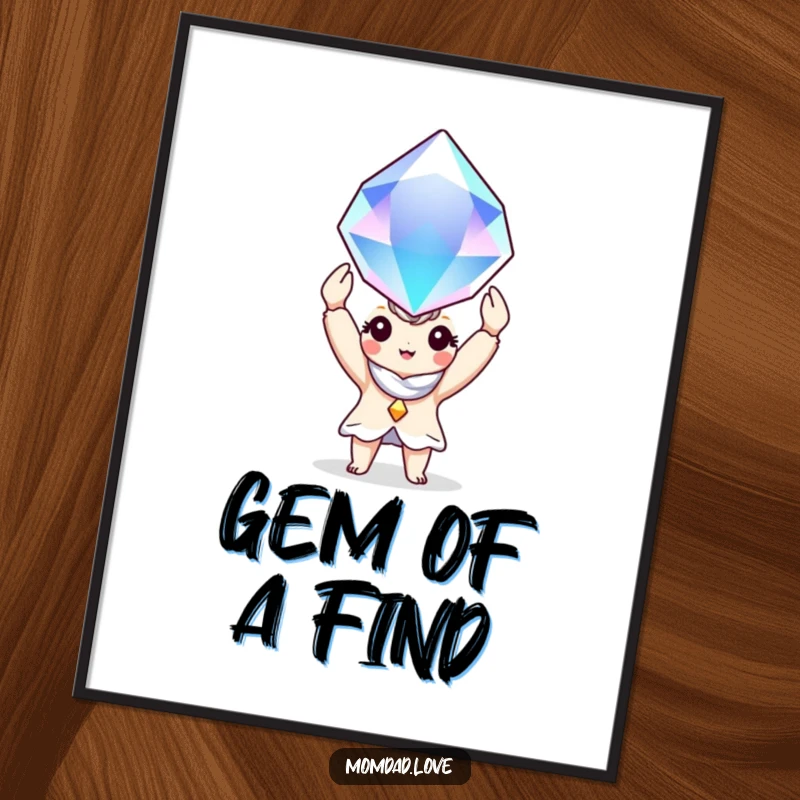 Funny Free Printable Wall Art: Charming character holding a large, shimmering gem aloft, radiating joy and humor.