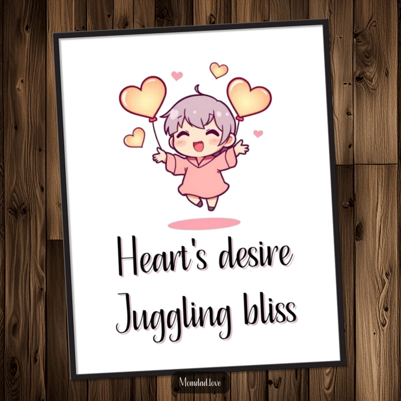 Loving Free Printable Wall Art: A tiny character joyfully juggling three bright, glowing hearts, symbolizing love and happiness.
