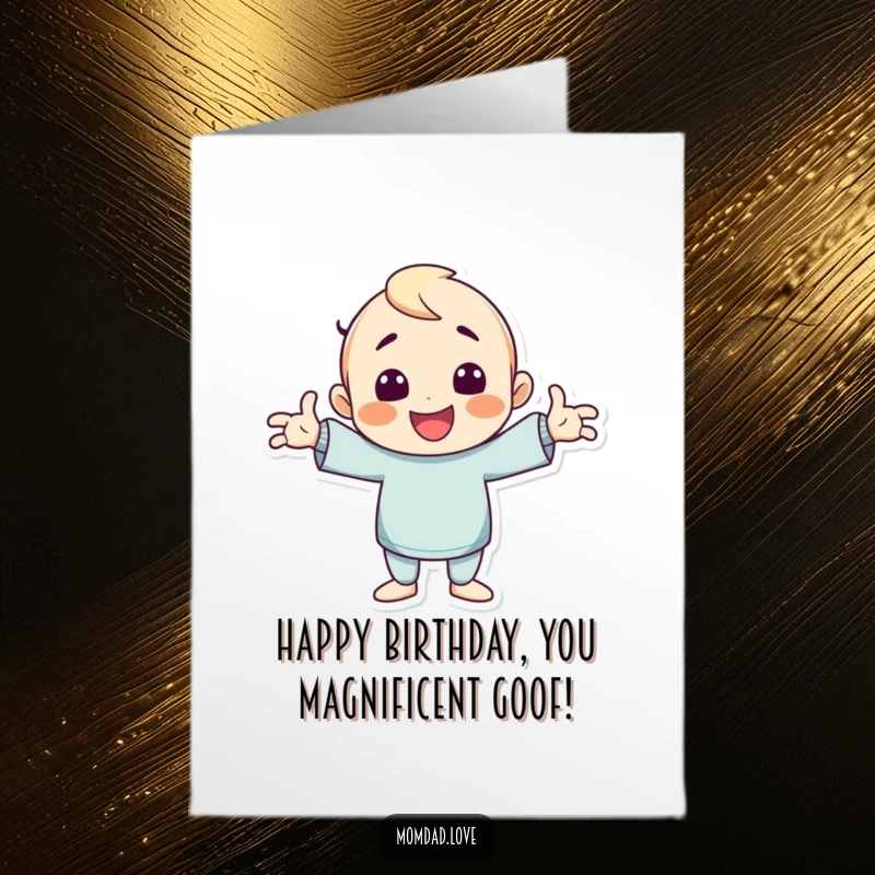 Funny Free Printable Birthday Card featuring a cheerful character striking a wildly goofy pose with arms enthusiastically outstretched for celebration.