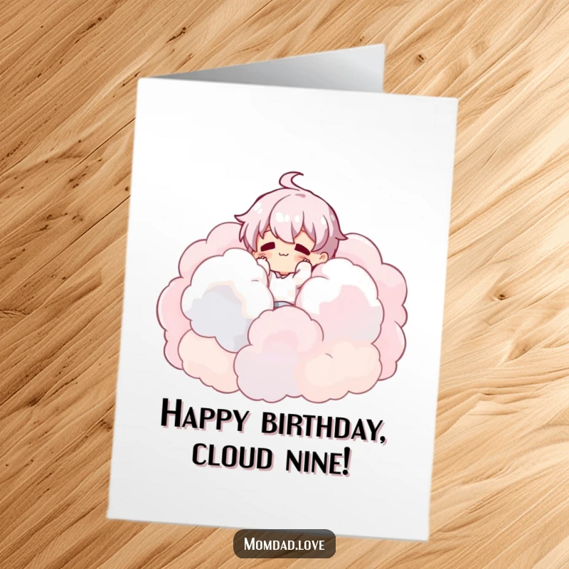 Funny Free Printable Birthday Card depicting a character hilariously tumbling into a soft, fluffy pile of white clouds.