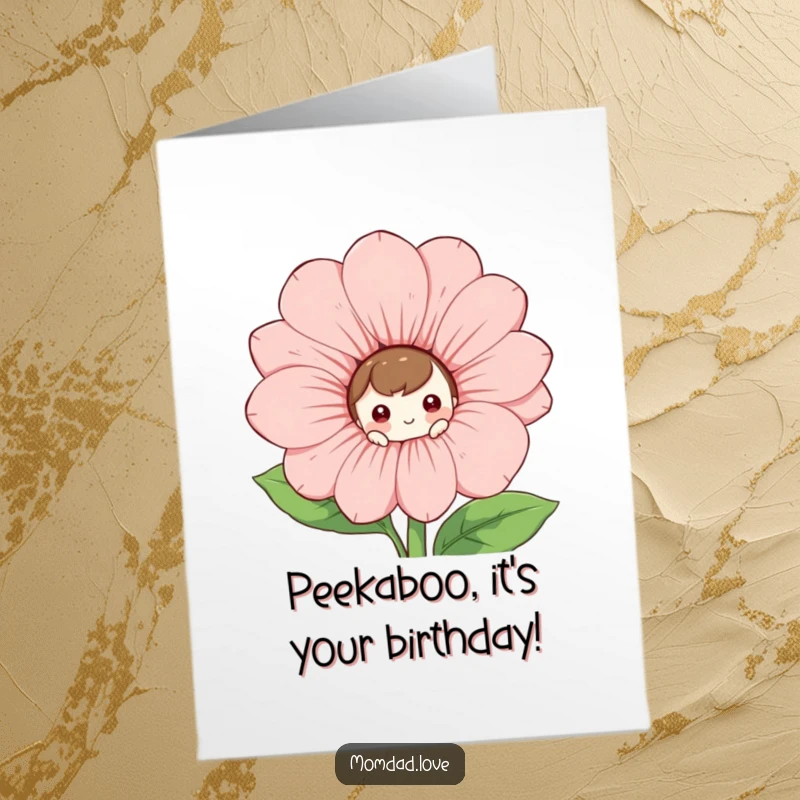 Funny Free Printable Birthday Card: Curious character playfully peeks from behind a huge, smiling flower, ready to party.
