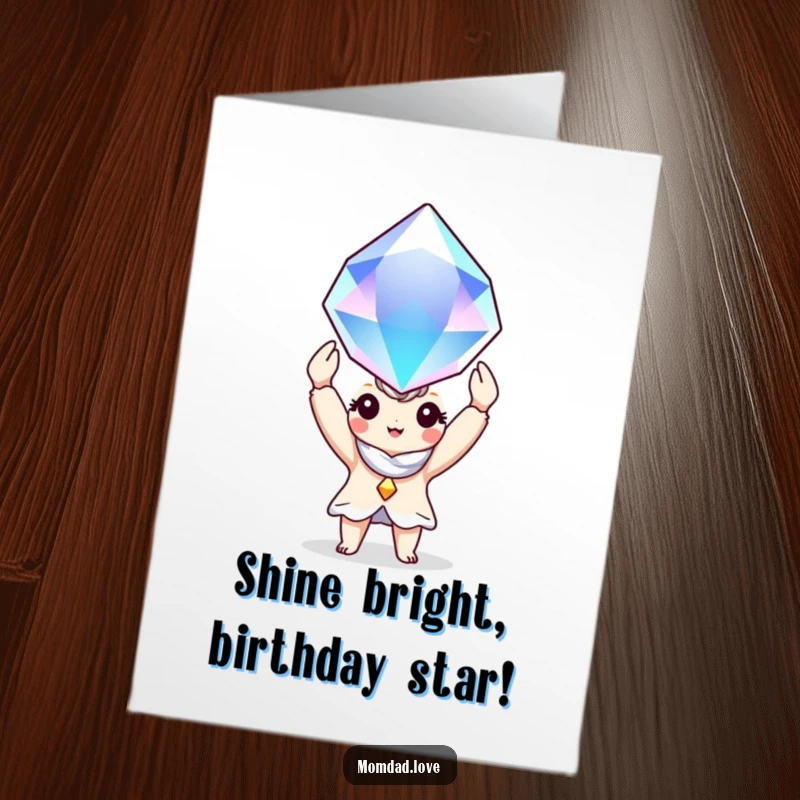 Funny Free Printable Birthday Card: Charming character gleefully presents a giant, sparkling gem, ready to celebrate.