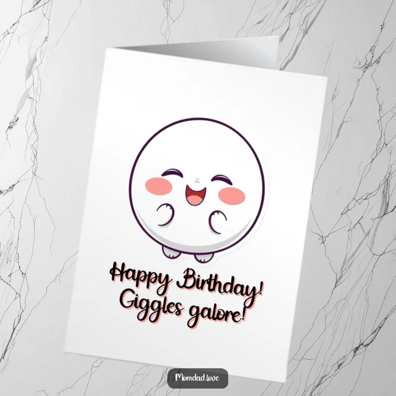 Funny Free Printable Birthday Card: A bubbly character with dots for cheeks giggles, shaking with laughter, perfect for a joyous celebration.