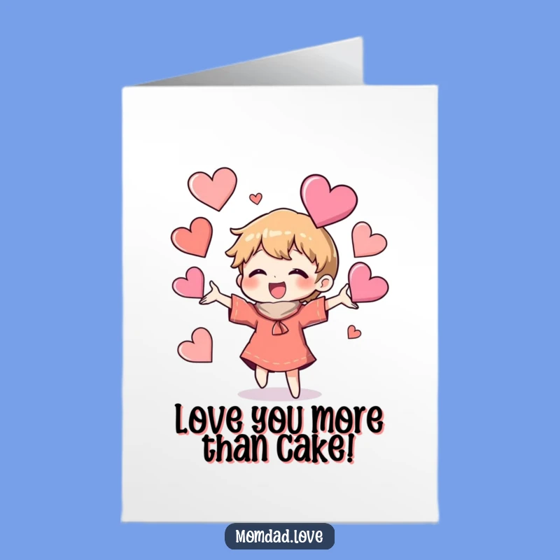 Free Printable Birthday Card: Juggling Hearts Character, Funny Downloadable Gift for Him or Her