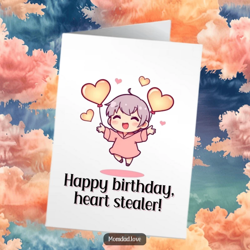 Loving Free Printable Birthday Card: Tiny character joyfully juggling three glowing hearts, sending warm birthday wishes.