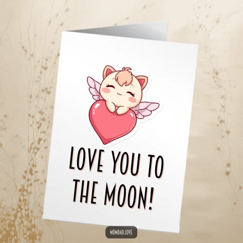 Funny free printable birthday card featuring a cute kawaii character winking while joyfully flying on a red heart.