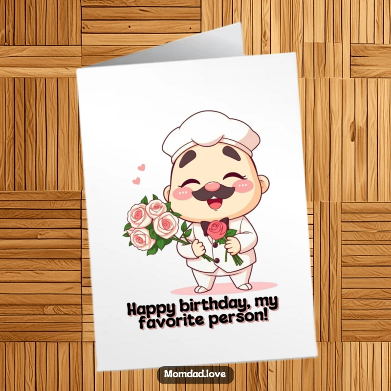 Free Printable Birthday Card: A cool anime papa character winks charmingly while holding a vibrant bouquet of flowers.